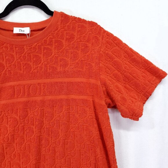 Dior Oblique Jacquard T-Shirt Womens Medium Orange Terry Crew Neck Cotton - Picture 13 of 14